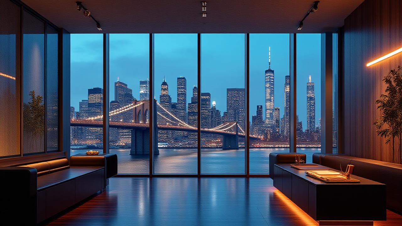Modern New York office overlooking Brooklyn bridge at dusk